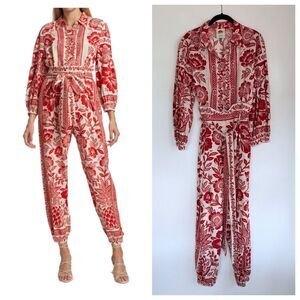 FARM Rio Pineapple Garden Floral-Print Linen-Blend Jumpsuit in Red & White Sz M